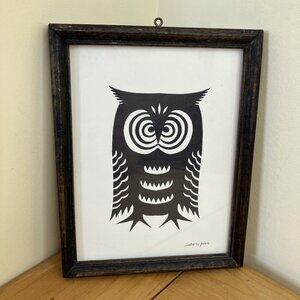 Owl Paper Cutting Art Framed Signed Zhaozi Ping Vintage Folk Artwork 6x8"